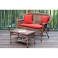 Jeco Honey Wicker Patio Love Seat And Coffee Table Set With Red Orange Cushion W00205-LCS018